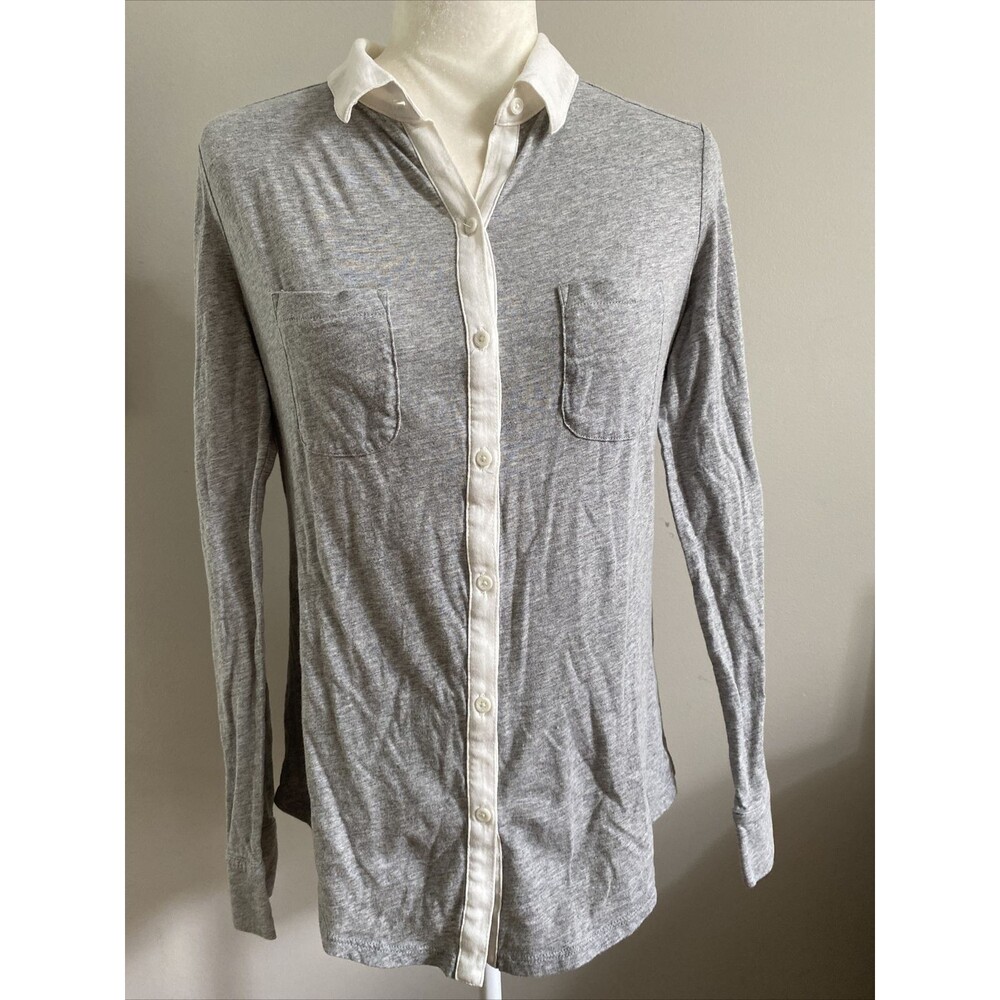 Women Shirt Loft S Soft Cotton Gray Long Sleeve Button Top Blouse Collar Pockets